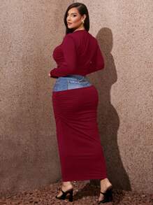 SHEIN SXY 大码女式勃艮第红色和牛仔效果拼布印花短上衣和中长裙两件套，适合秋冬季、约会之夜、生日、单身派对装、休闲、购物、街头装、外出，易于搭配且看起来苗条，凸显身材，迷人的轮廓