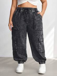 SHEIN CURVE+ Poket Bertali Depan Wanita Saiz Besar Seluar Jeans Kasual Mudah, Pakaian Wanita Musim Gugur - Hitam - Lihat 4