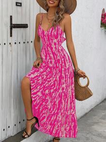 Breezaya Spaghetti Strap Full Printed Dress With Ruffle Hem Maxi Vacation Beach Outfits Women
