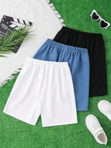 Set de 3 piezas de pantalones cortos informales con estampado de árboles de coco y letras para niño preadolescente, adecuado para la escuela, el transporte, el uso casual diario, los deportes, la primavera/verano