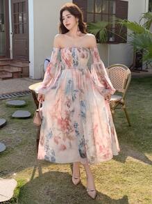 DAZY Women's All Over Floral Print Off Shoulder Midi Dress,Ruffle,Fall Dress Long Sleeve Dress Vacation Outfits Women - Beige - View 7