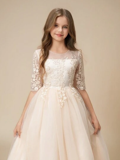 Đầm bé gái tuổi teen in hoa mới, đầm công chúa cao cấp thương hiệu nhỏ, đầm biểu diễn piano cho trẻ em.