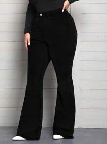EMERY ROSE Jeans de pierna acampanada de talla grande, unicolor, con bolsillo y botones delanteros - Negro - Ver 6