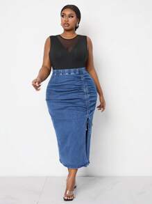 SHEIN Lady Plus Size Women's Denim Skirt Sexy Skinny Pleated Midi Skirt Blue Denim Skirt Long Women Skirts Sexy Blue Dress Women Skirts Thanksgiving Women Outfit Sexy Women Outfits