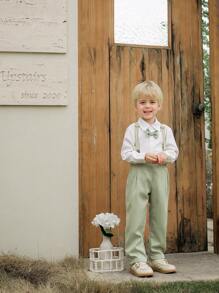 Souflis Souflis Vintage French Young Boys' Gentleman Outfit Set: Bow Tie White Shirt + Light Green Bib Pants, Spring/Summer - Green - View 5