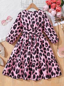 SHEIN Robe à manches lanternes avec imprimé léopard pour jeune fille