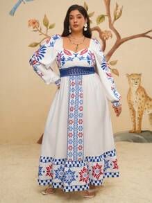 Travachic Plus Size Bohemian Vacation Casual Apricot Retro Print Lace Patchwork Dress For Women - Multicolor - View 4