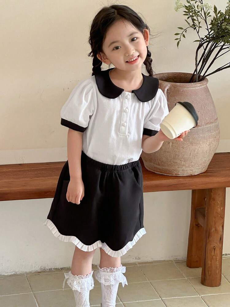 2pcs/Set Young Girl Casual Simple Stylish Short Sleeve Top And Shorts Set, For Daily Wear