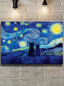 1 pieza Obra de arte de la Noche Estrellada, impresión en lienzo de obra de arte de gatos, póster de decoración de cielo nocturno, pintura de animales, pintura surrealista para decoración de habitación, estilo de Vincent Van Gogh, impresiones artísticas, decoración del hogar, pósteres, regalo ideal, para sala de estar, dormitorio, baño, cafetería