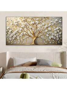 1pc Abstract White FLower Golden Rich Tree Poster And Prints Canvas Painting Wall Art Pictures For Living Room For Bedroom Office Decor Unframed