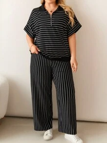 SHEIN LUNE 2pcs/Set Women Black & White Striped Zipper Collar Casual Sports Short Sleeve Top And Pants Set, Plus Size For Spring And Summer