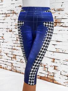 SHEIN Clasi Women's Denim Effect Houndstooth Print Leggings Boho - Multicolor - View 5