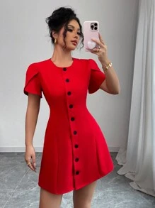 Elenzga Red Color Block Bow Decor Backless Short Dress - Red - View 5