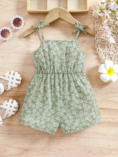 SHEIN Baby Girl Casual Cute Floral Print Sleeveless Jumpsuit, Suitable For Holiday & Shopping, Spring/Summer