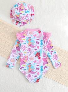 Baby Girl Cartoon Mermaid Print Ruffle Edge Long Sleeve Cute Beach One-Piece Swimsuit