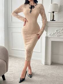 DAZY Lace Splicing Contrast Collar Mid-Length Dress For Women, Suitable For Dates,Fall Dress Long Sleeve Dress - Khaki - View 4