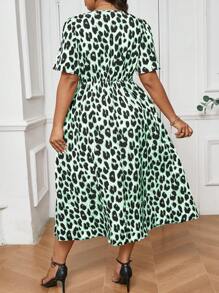 SHEIN Frenchy Plus Size Fall Vintage Leopard Print Short Sleeve Kink Cinched Waist Dress