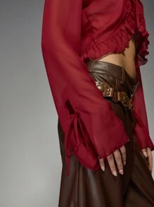 MISSGUIDED Ruffle Trim Sheer Crop Blouse With Front Tie Detail Long Sleeve Holiday Party Evening Top Lightweight Festival Spring Summer Christmas