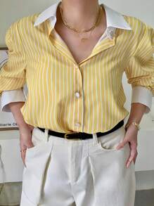INAWLY 大码女式单排扣条纹长袖休闲宽松衬衫，秋季 - 黃色 - 查看 6