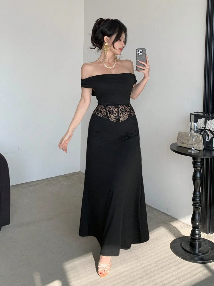 Women's Elegant Sexy Off Shoulder Lace Patchwork Mermaid Dress Sundress, Formal Women Dress