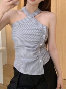 DAZY Camiseta de tirantes de mujer acanalada y fruncida para el verano - Azul - Ver 3