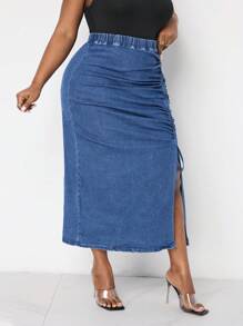 SHEIN Lady Plus Size Women's Denim Skirt Sexy Skinny Pleated Midi Skirt Blue Denim Skirt Long Women Skirts Sexy Blue Dress Women Skirts Thanksgiving Women Outfit Sexy Women Outfits