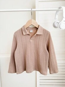 SHEIN Kids/Young Boys Casual Korean Style Loose Knitted Collared Pullover Polo Shirt, Suitable For School, Garden, Beach, Birthday, Spring, Summer, Autumn, Winter Seasons - Khaki - View 3