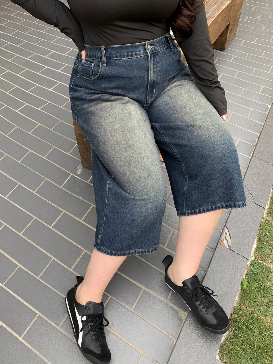 Plus Size Washed-Out Loose Baggy Wide Leg Cropped Denim Jeans, All Season Jorts