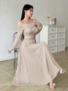Modelyn 女士优雅露肩针织紧身连衣裙，荷叶边下摆，韩式风格 - 米色 - 查看 6