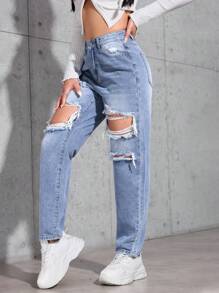 SHEIN PETITE 女士休闲破洞锥形牛仔裤 - 淺色水洗藍 - 查看 5