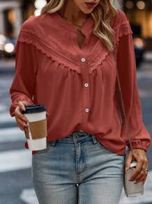 SHEIN LUNE Plus Size Solid Color Front Button Long Sleeve Simple Blouse, Casual Everyday Wear - Rust Brown - View 3