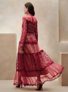 Anewsta Vestido largo A-line de princesa con cintura ajustada, de malla transparente con contraste de encaje bordado y diseño - Burdeos - Ver 2