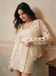 Anewsta Handmade Crochet 3D Lock Chain Floral Lace Faux Pearl Hollow-Out Versatile Cardigan - White - View 1