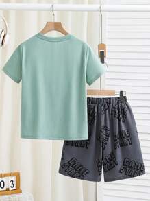 SHEIN 2pcs Tween Boy Gaming Controller Print Short Sleeve Top And Letter Print Shorts Set - Mint Green - View 2