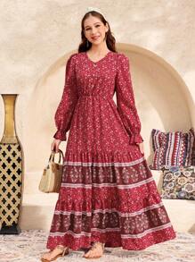 SHEIN 少女红色编织定位花朵印花宽松休闲长袖度假风 V 领纽扣点缀长裙 - 紅色 - 查看 6