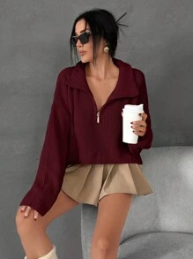 EURMUSE Special Neck Detail With Zipper Pullover Sweater - Burgundy - View 5