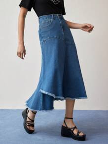 MOTF STUDIO ASYMMETRICAL RAW HEM DENIM SKIRT - Blue - View 1
