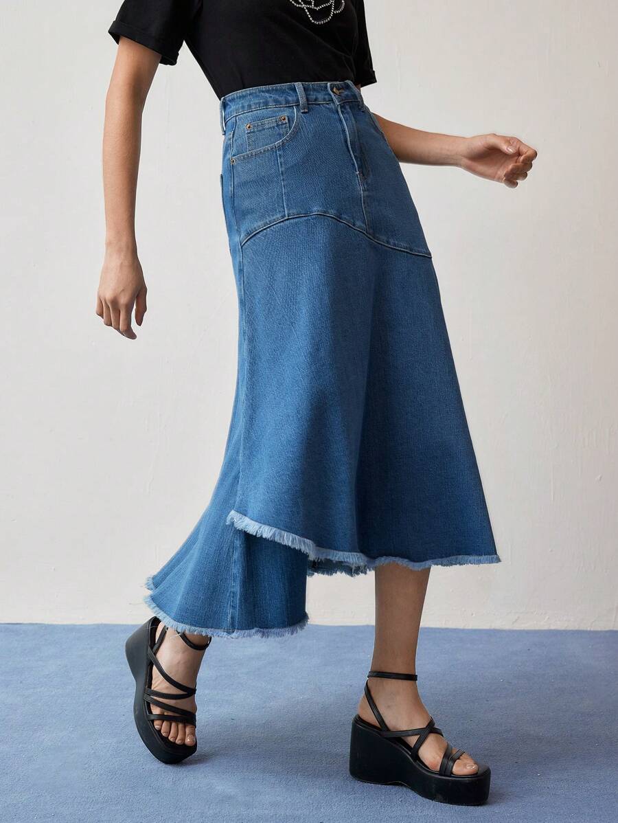 MOTF STUDIO ASYMMETRICAL RAW HEM DENIM SKIRT - Blue - View 1