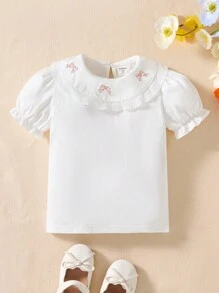 Souflis Souflis Young Girl' Cute & Sweet Bow Decor Puff Sleeve Short Sleeve Casual T-Shirt, Summer