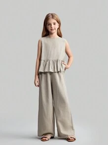 Ontre Tween 女童两件套：宽松休闲纯色纹理无袖短款上衣，荷叶边下摆和宽松长裤，适合外出、度假和居家，春夏季 - 卡其色 - 查看 5