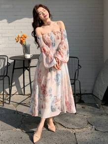 DAZY Women's All Over Floral Print Off Shoulder Midi Dress,Ruffle,Fall Dress Long Sleeve Dress Vacation Outfits Women - Beige - View 10