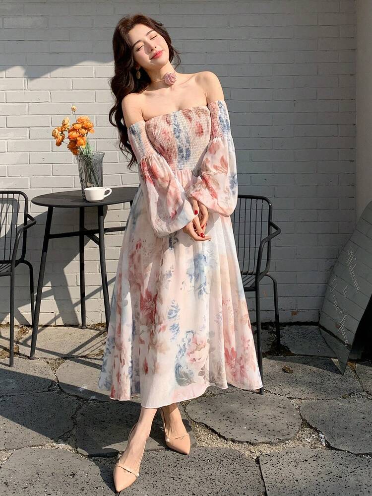 Women's All Over Floral Print Off Shoulder Midi Dress,Ruffle,Fall Dress Long Sleeve Dress Vacation Outfits Women Easter Boho