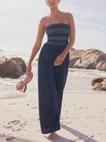 SHEIN VCAY Bộ đồ liền thân không tay in họa tiết đồ họa dành cho nữ Bandeau thường ngày đa năng - Màu xanh hải quân - Xem 1