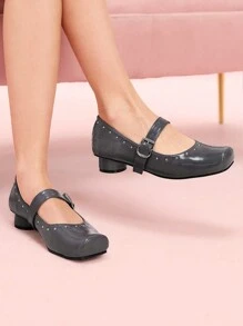 CUCCOO DOLLMOD 女士方头黑色高跟玛丽珍鞋，交叉带圆柱形鞋跟，经典复古风格