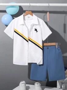 SHEIN 2pcs/Set Tween Boy Casual Collegiate Comfortable & Stylish Simple & Practical Soft Turndown Collar Striped Short Sleeve Shirt And Elastic Waist Shorts Set, Suitable For Autumn, Spring, Summer, Suitable For Daily Wear, Outdoor Play, School, Street Photography, Party, And Leisure At Home - Multicolor - View 2