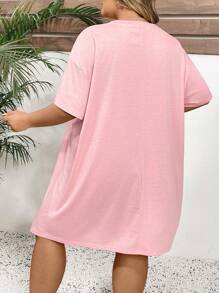 SHEIN CURVE+ Plus Size Summer Heart Print Knitted Elastic A-Line Dress - Dusty Pink - View 2