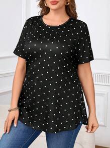 SHEIN Clasi Plus Size Elegant Dotted T-Shirt, Minimalist Fashion Casual Everyday Wear, Summer Outfits For Women, Summer Outfits For Women, Tops Summer, T Shirts Women, T Shirts Ladies, Black Top, Polka Dot, Women - Black and White - View 6