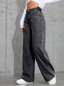 Jeans délavé taille haute coupe large