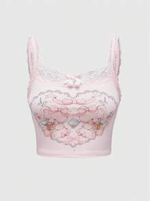 ROMWE Kawaii Áo ba lỗ không tay ren nơ Himekaji màu trơn, thời trang đơn giản, mặc hàng ngày - Hồng - Xem 1