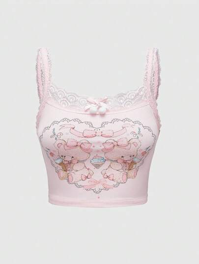 Kawaii Top de camisola sin mangas con lazo de encaje de unicolor estilo Himekaji, ropa casual de uso diario de moda sencilla